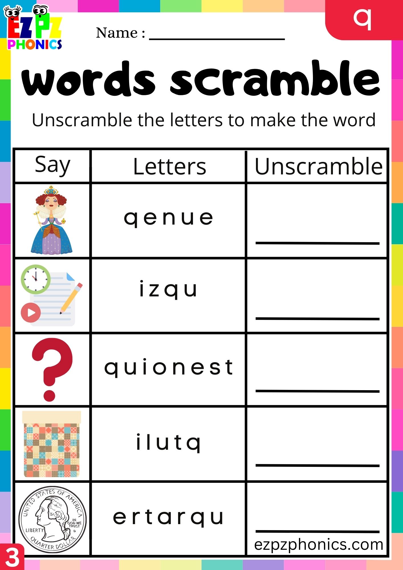 Letter q Word Scramble Write the Words Phonics Activity Group 3
